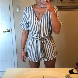 navy and white striped romper with frills